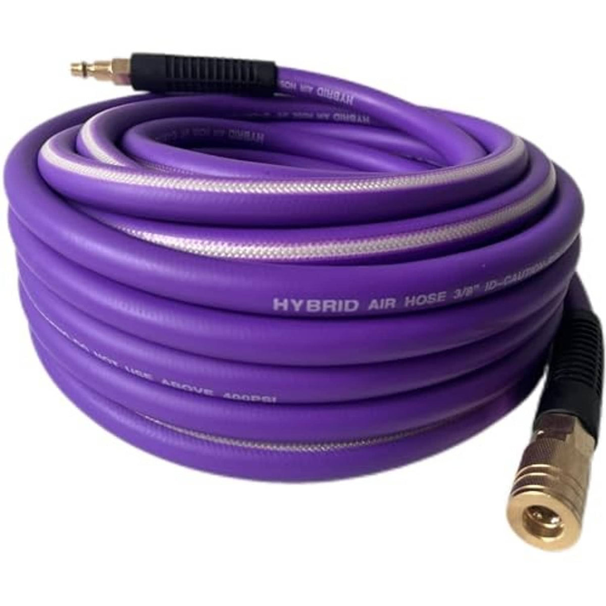 Purple hybrid air hose coil with brass quick-connect end and black protective cover