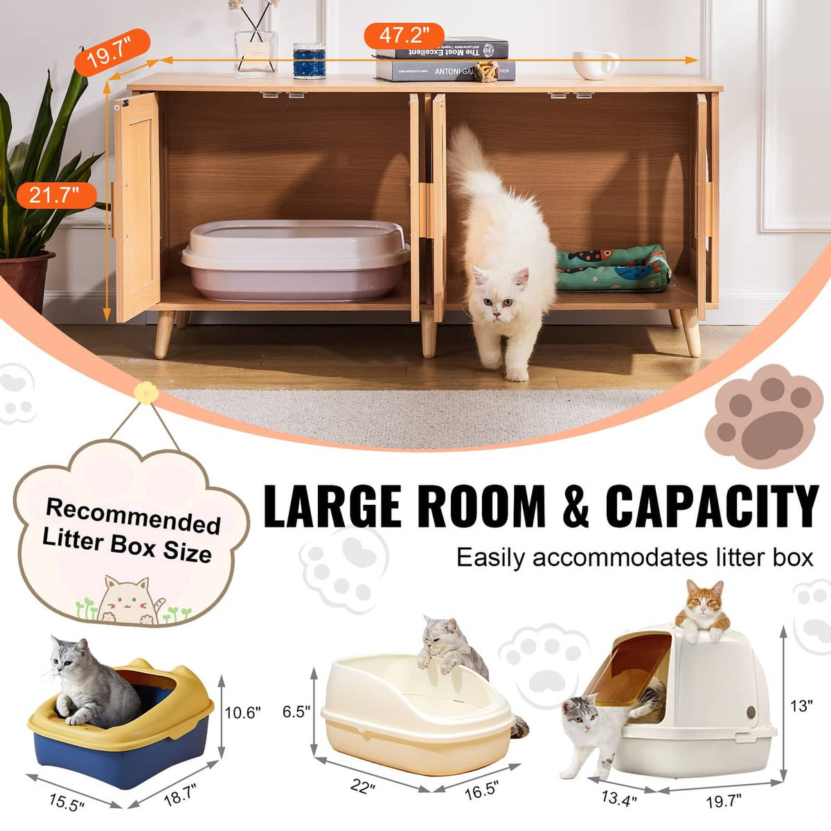 Wooden cat litter box enclosure with two open doors revealing interior tray