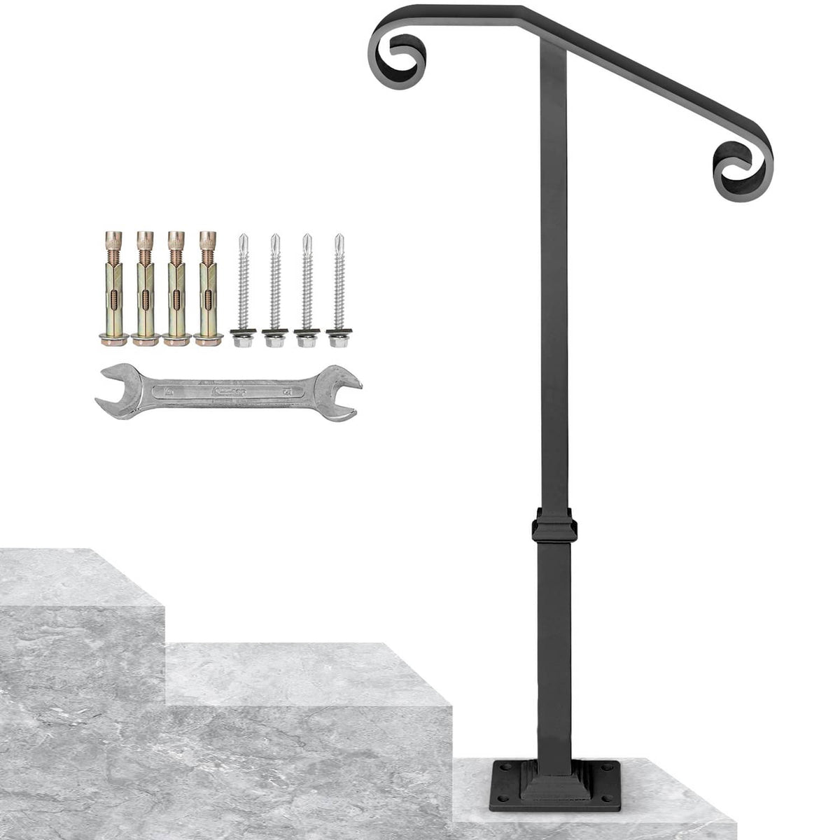 Matte gray single post handrail with base plate and included hardware shown beside it.