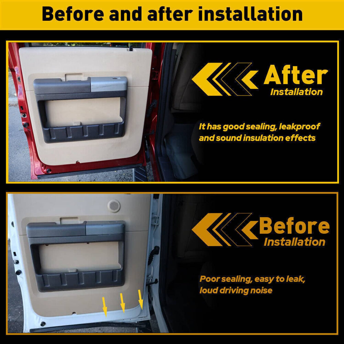 Door panel with black weatherstrip seal installed, showing improved door fit