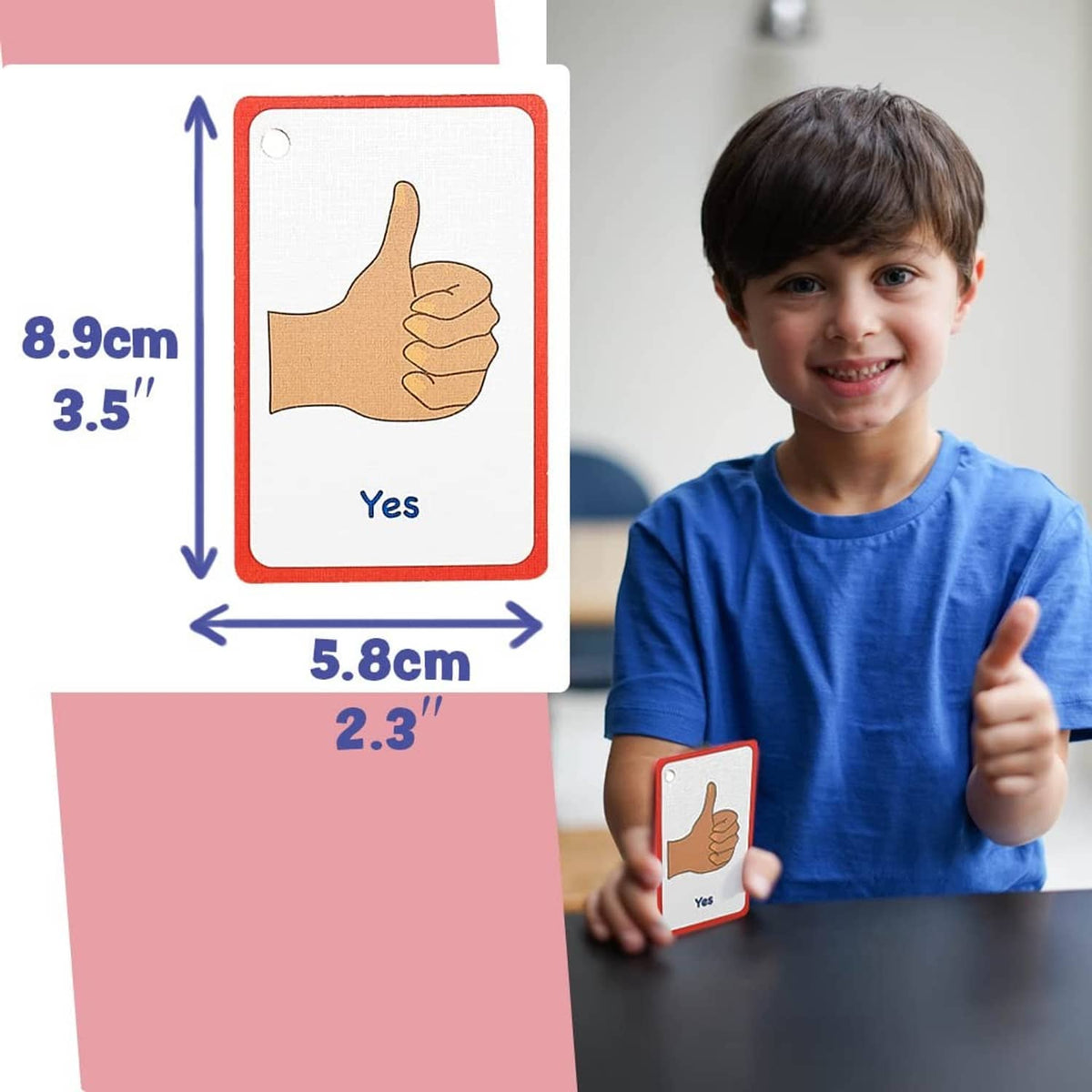 Thumbs-up 'Yes' communication card with red border, held by a child
