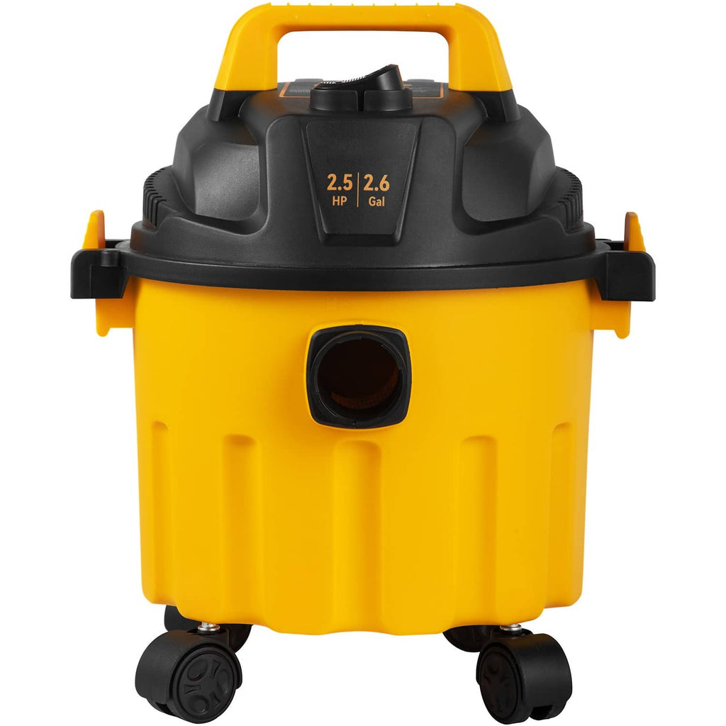 Front view of yellow and black wet/dry shop vacuum with large intake port