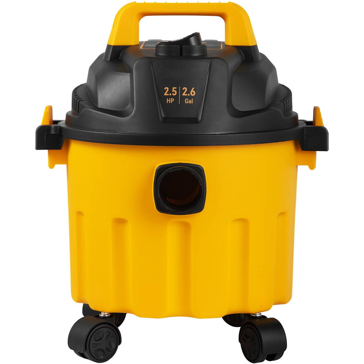 Front view of yellow and black wet/dry shop vacuum with large intake port