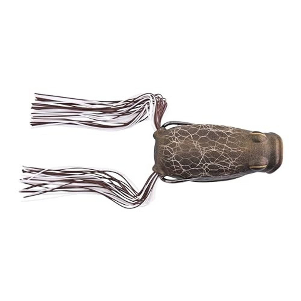 Dark frog hollow-body popping lure with white-and-brown skirt strands