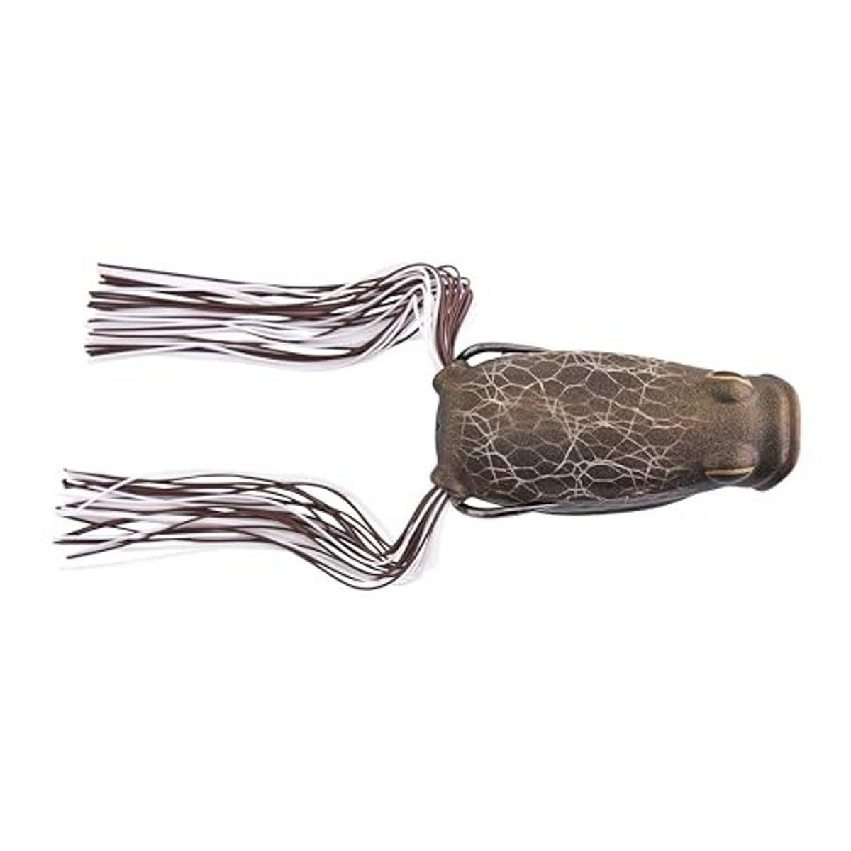 Dark frog hollow-body popping lure with white-and-brown skirt strands