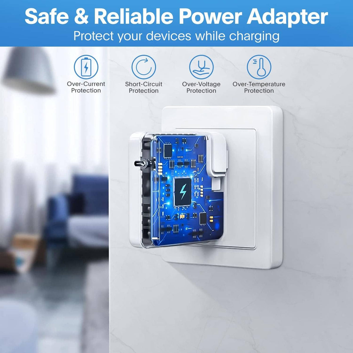 White power adapter with exposed circuit board and protection features