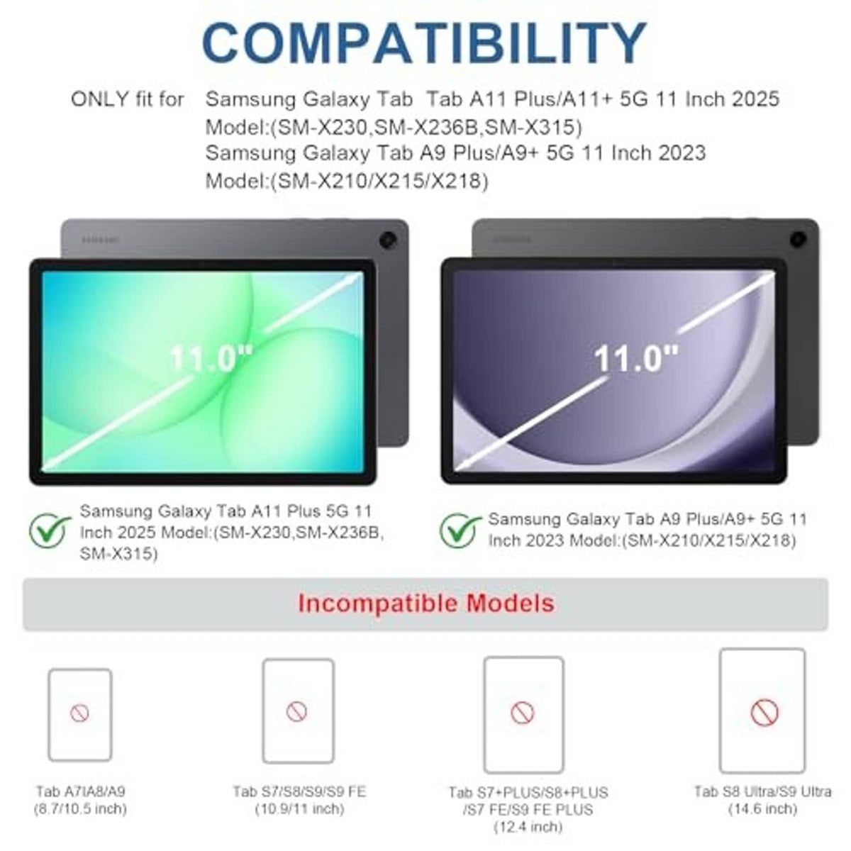 Tablet keyboard case compatibility chart for select Samsung 11-inch models