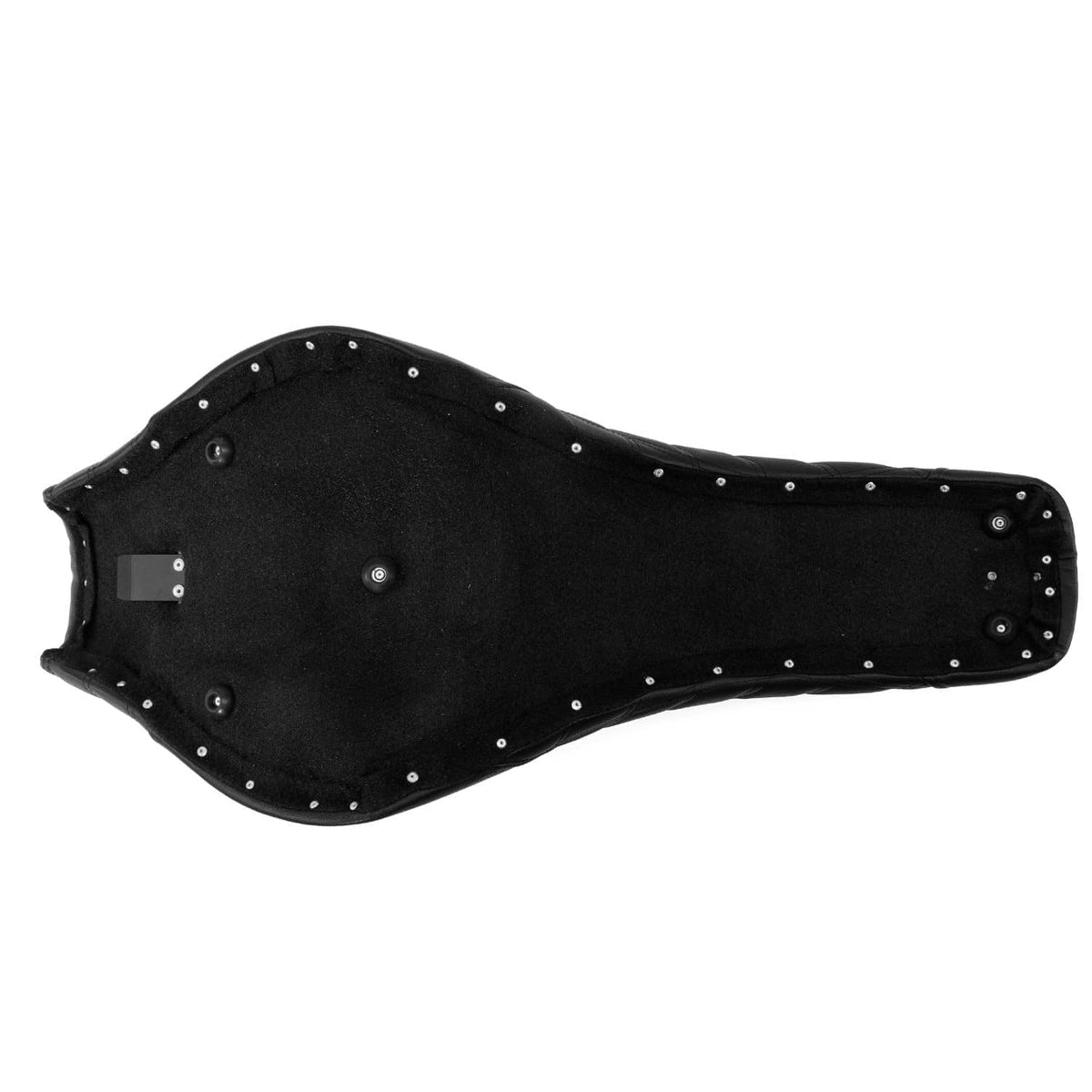 Black motorcycle seat base underside with mounting studs and attachment points
