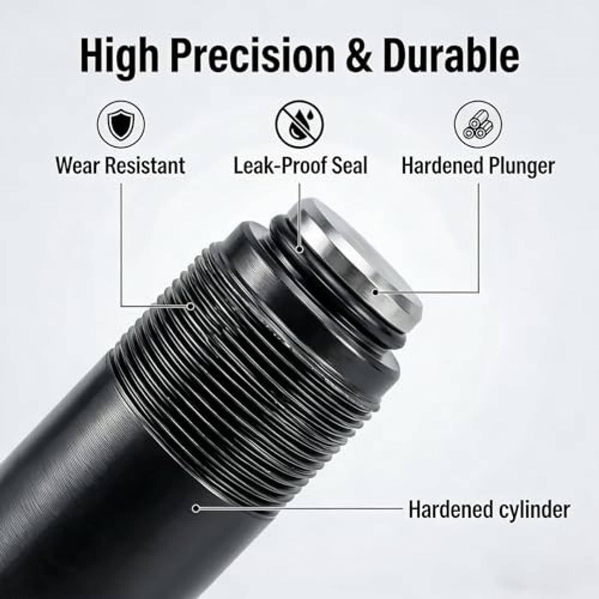 Close-up of black threaded piston plunger with metal cylinder and sealing ring