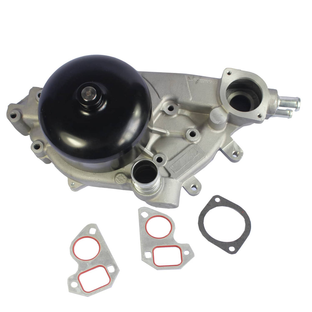 Water pump assembly with black cover and aluminum housing, includes mounting flanges