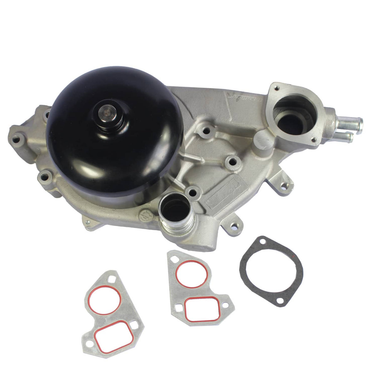 Water pump assembly with black cover and aluminum housing, includes mounting flanges