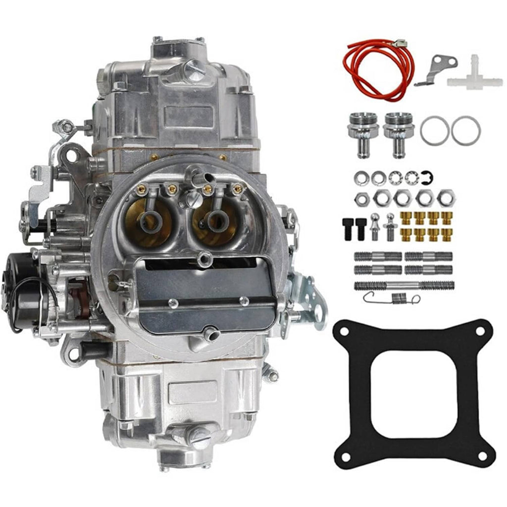 4-barrel carburetor front view with black air horn and included gasket parts