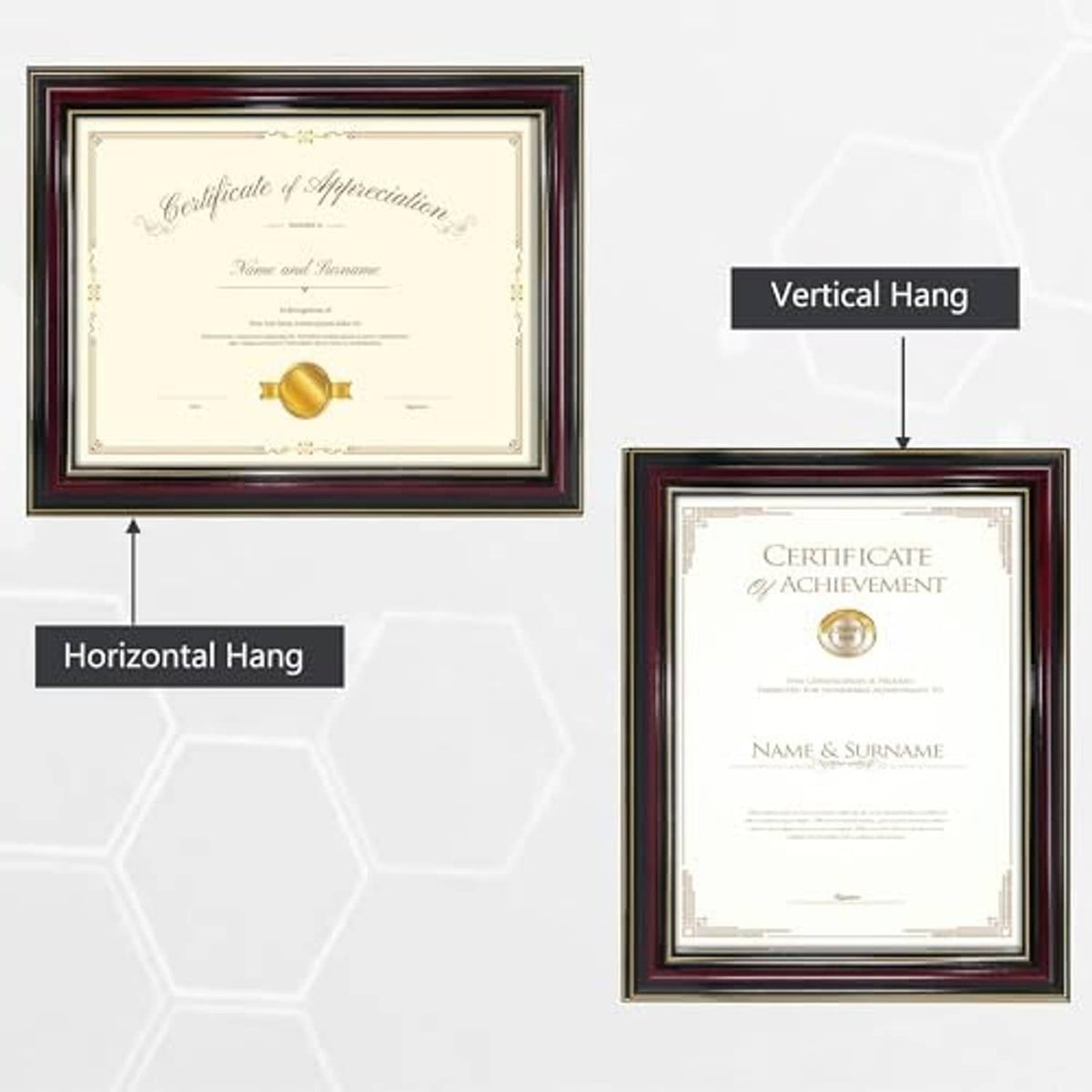Cherry wood diploma frame with horizontal or vertical hanging options