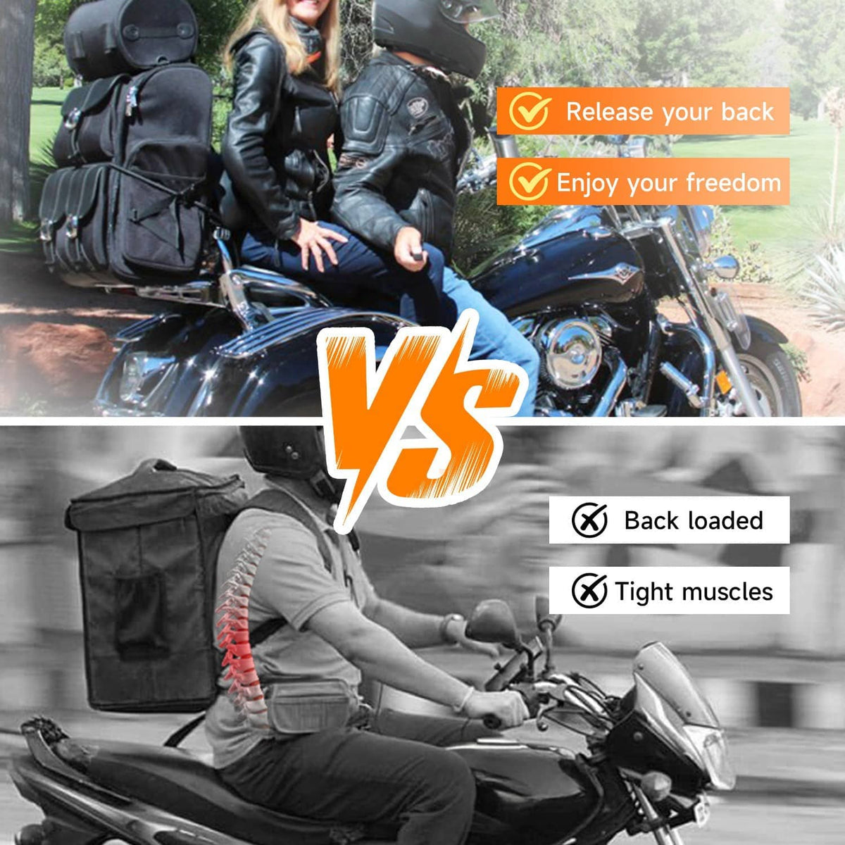 Black luggage rack mounted on touring motorcycle with rider and saddlebags