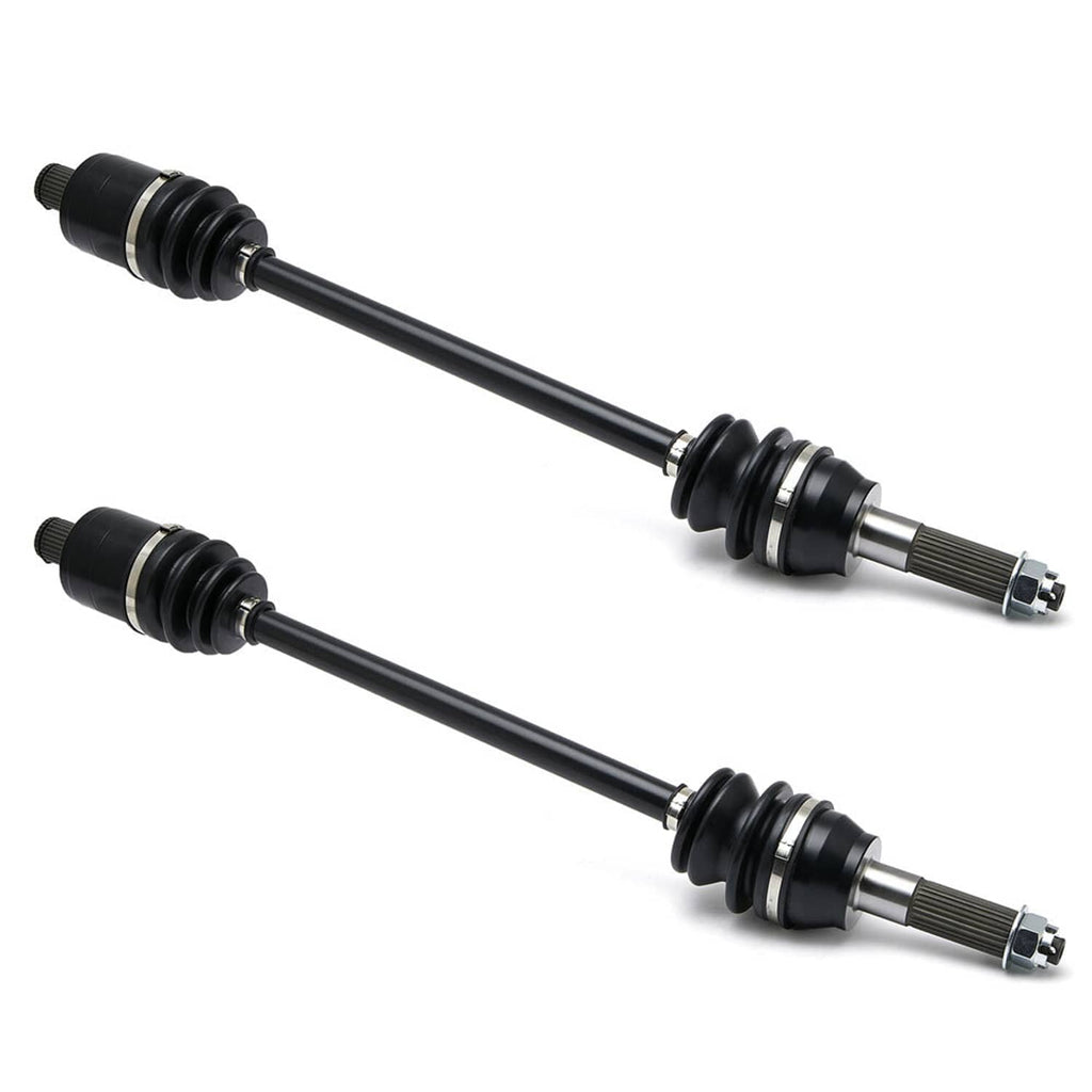 Two black CV axle shafts with rubber boots and chrome-silver splined ends