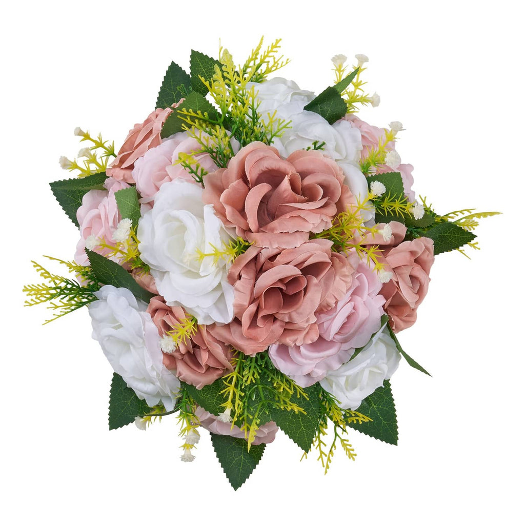 9.5-inch pink and white floral ball with clustered roses, greenery, and yellow accents