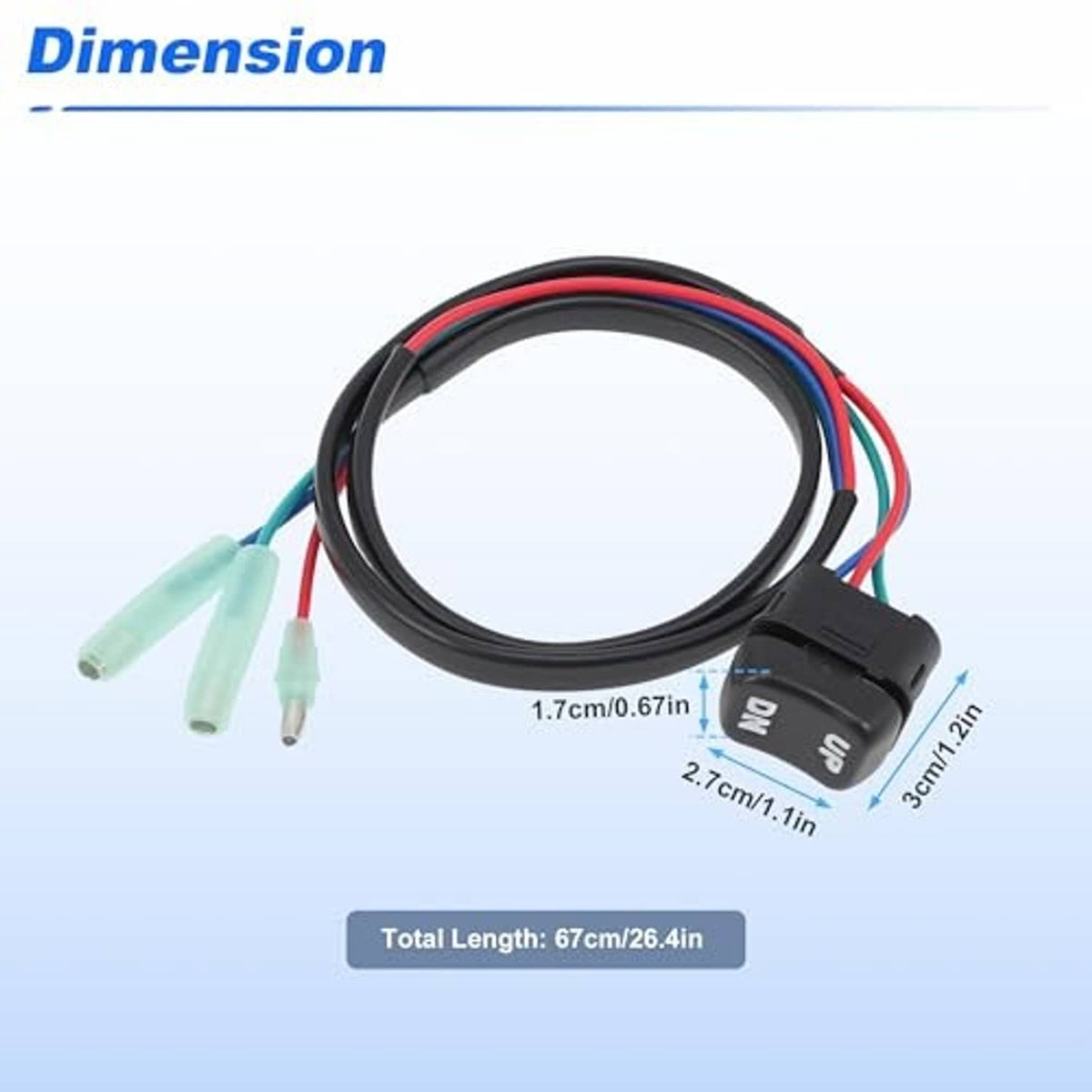 Trim tilt switch dimension diagram with black harness cable and light-green lead connectors