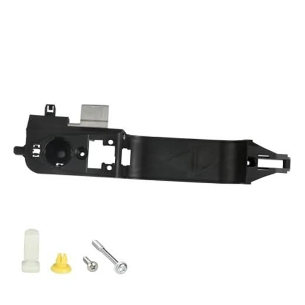 Black exterior door handle reinforcement plate with bracket and mounting hardware, front view
