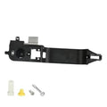 Black exterior door handle reinforcement plate with bracket and mounting hardware, front view