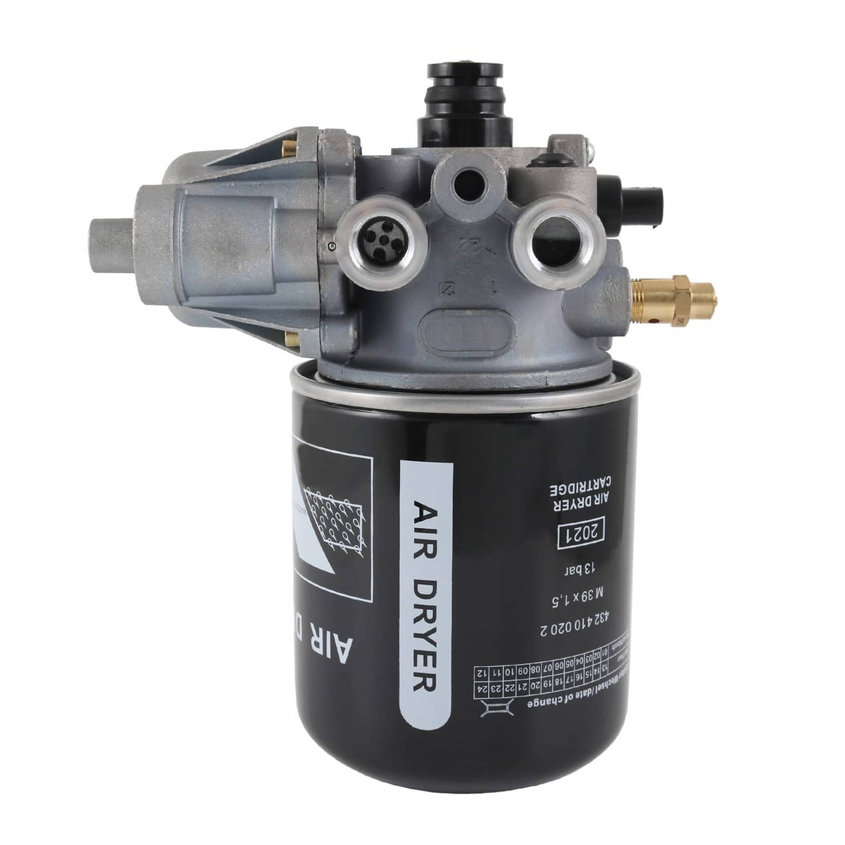 Air dryer assembly with gray valve head and black canister, opposite side view