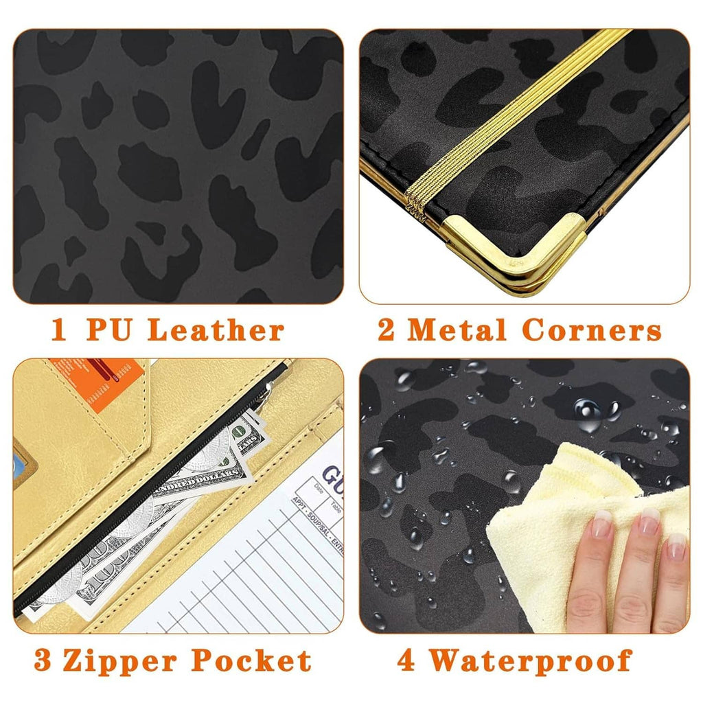 Leopard-print service book cover with gold edge trim and metal corner accents.