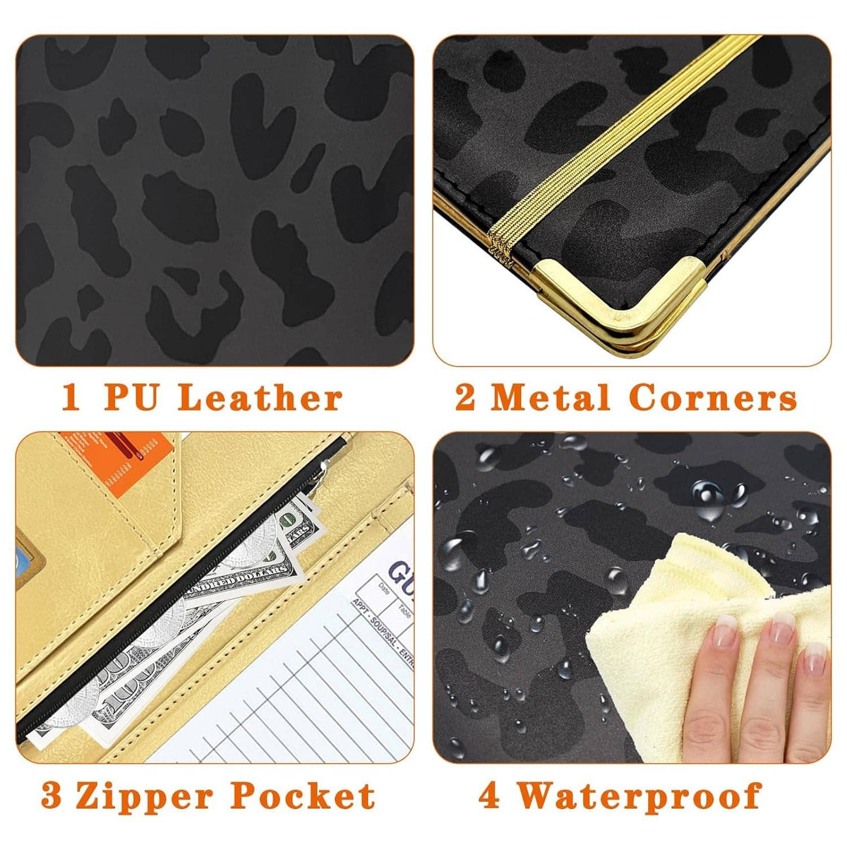 Leopard-print service book cover with gold edge trim and metal corner accents.