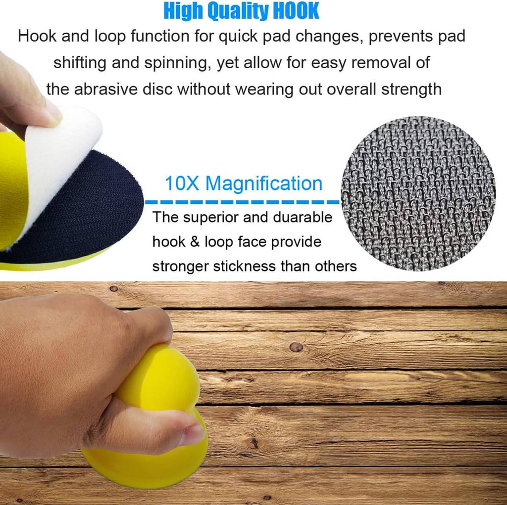 Handheld 3-inch sanding block with yellow rubber grip and black hook-and-loop pad