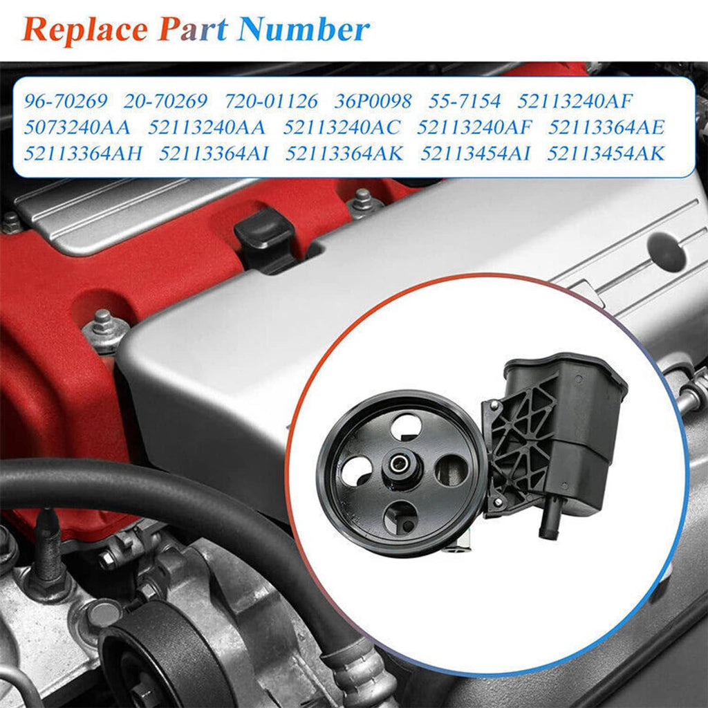Power steering pump with reservoir and pulley, black pulley wheel and reservoir assembly