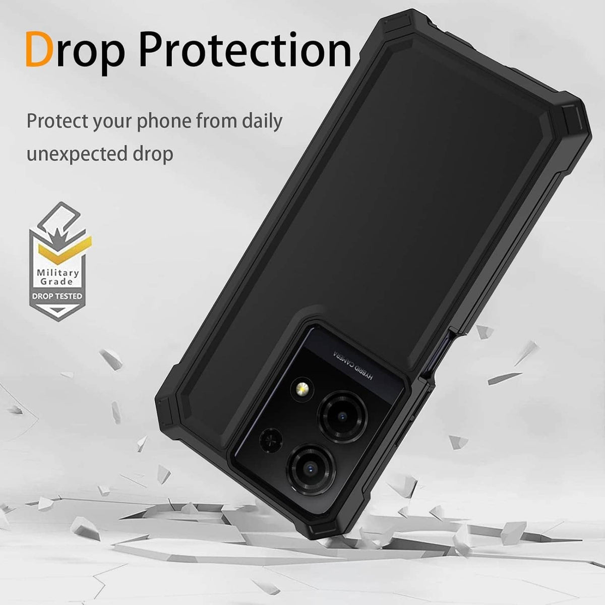 Black anti-drop phone case with rugged corners and camera cutouts