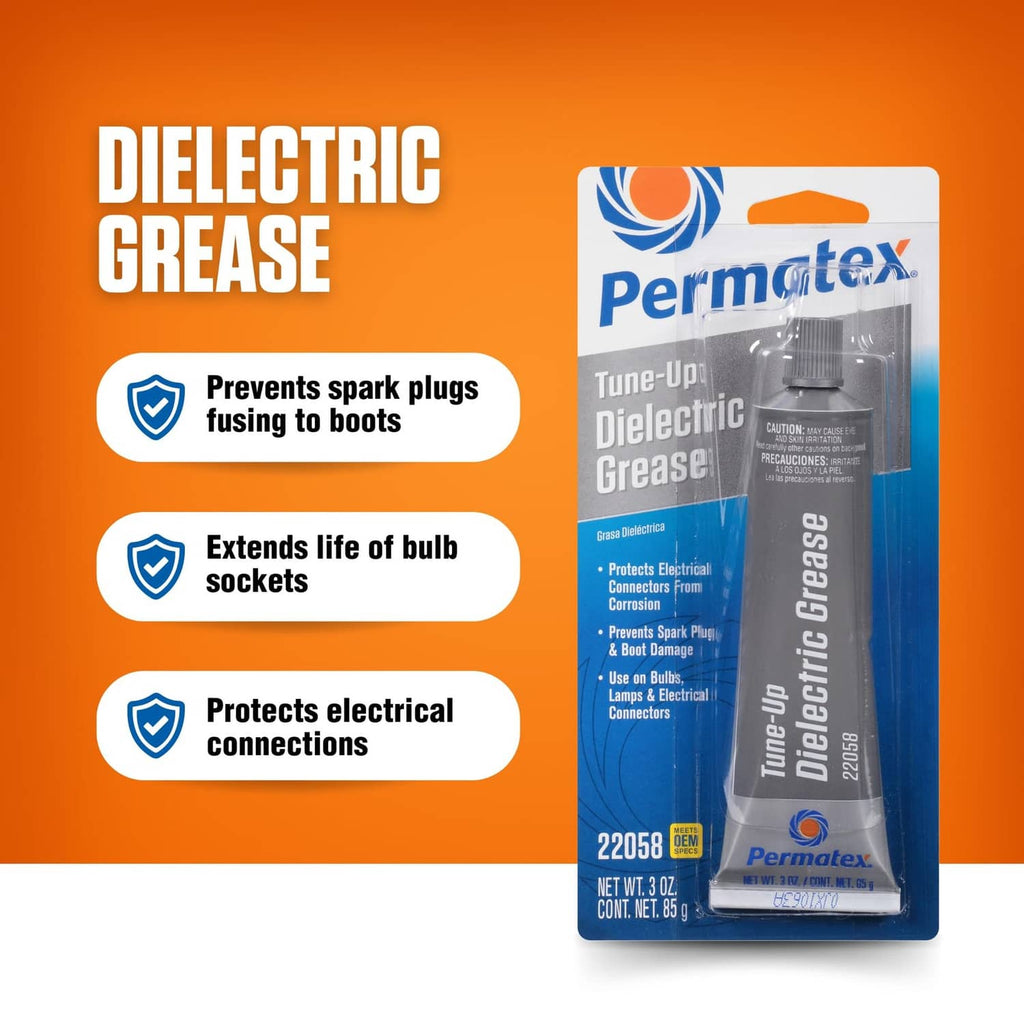 Permatex Dielectric Grease package with orange protection and prevention icons