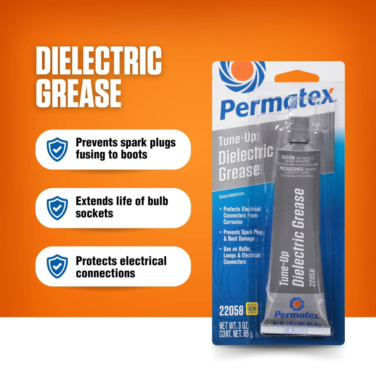 Permatex Dielectric Grease package with orange protection and prevention icons