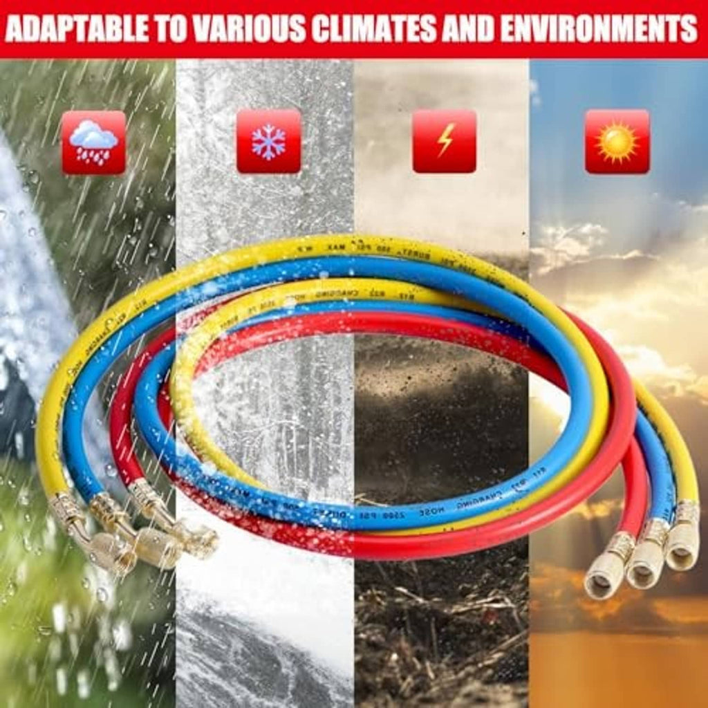 AC manifold gauge hose kit with yellow, blue, and red hoses and brass couplers
