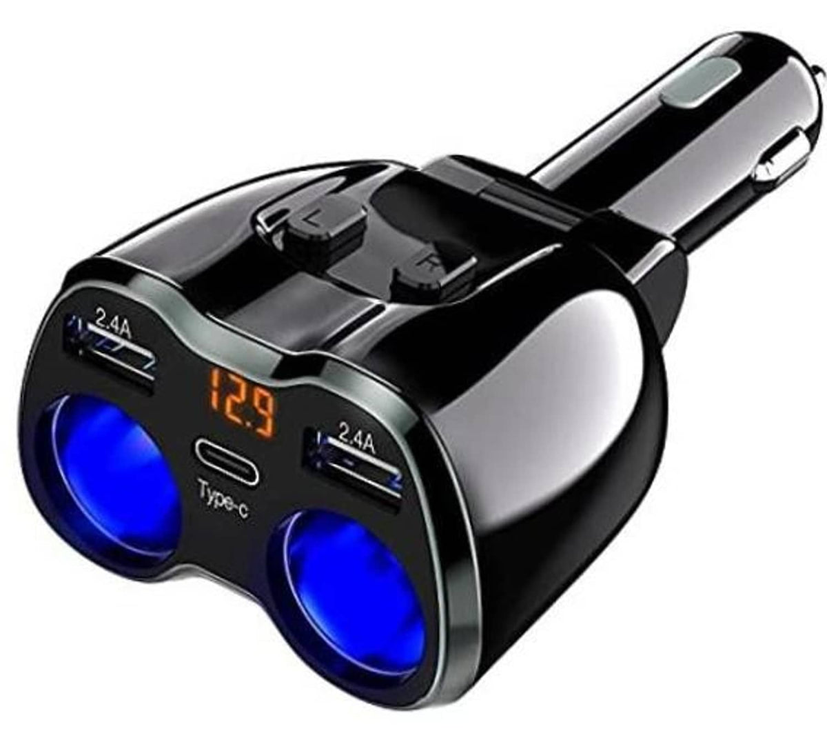 Dual USB Type-C car charger splitter with LED display and blue ports