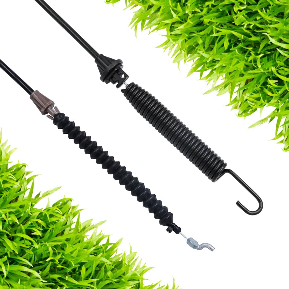 Black coiled deck engagement cable with protective end clip and loop hook