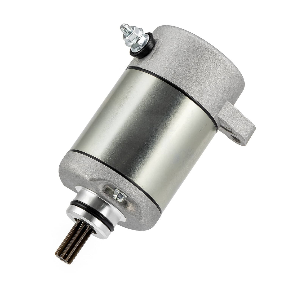Silver starter motor with top terminal and extended pinion shaft