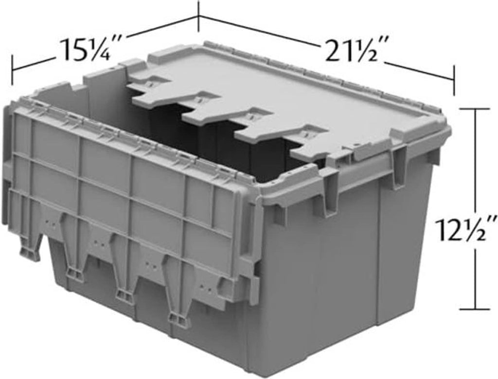 Grey plastic storage container with recessed lid shown with size measurements