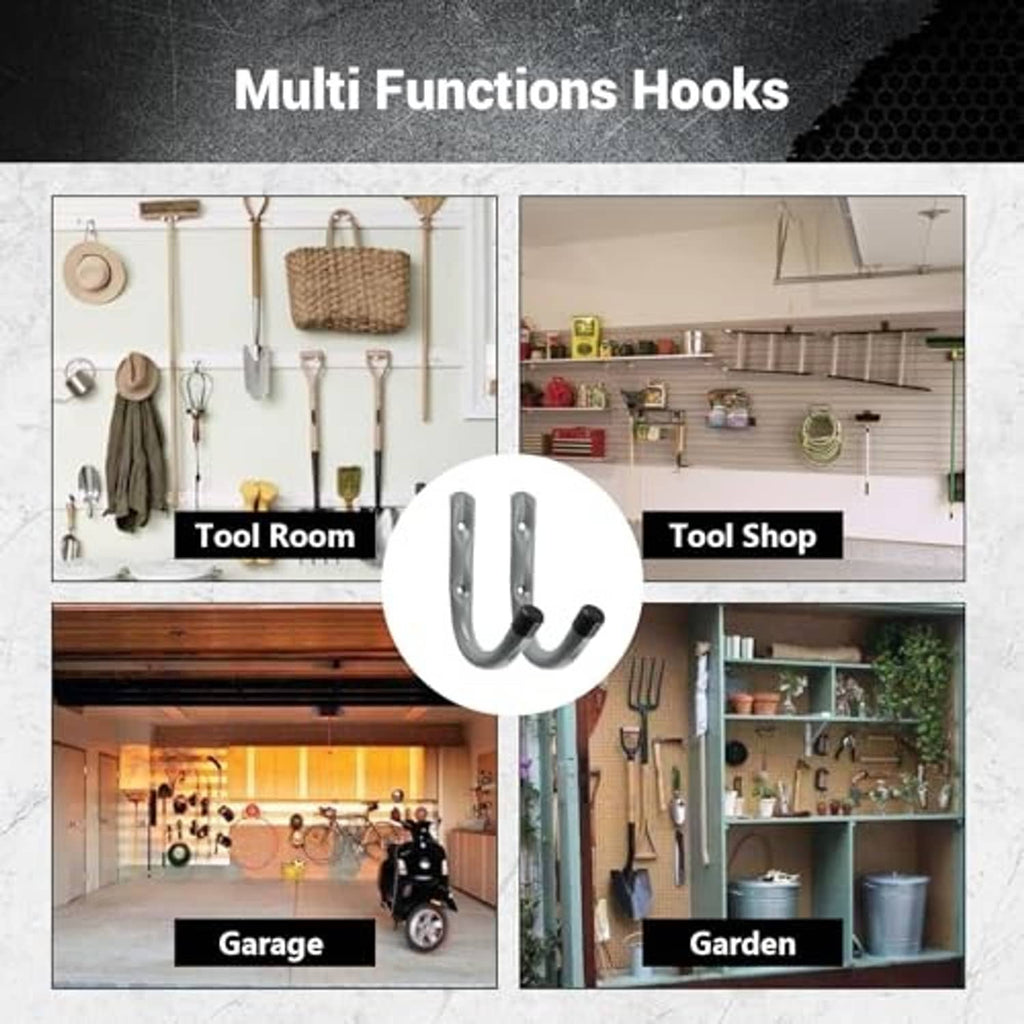 Gray multi-use wall hooks with black rubber tips for tool and garage storage