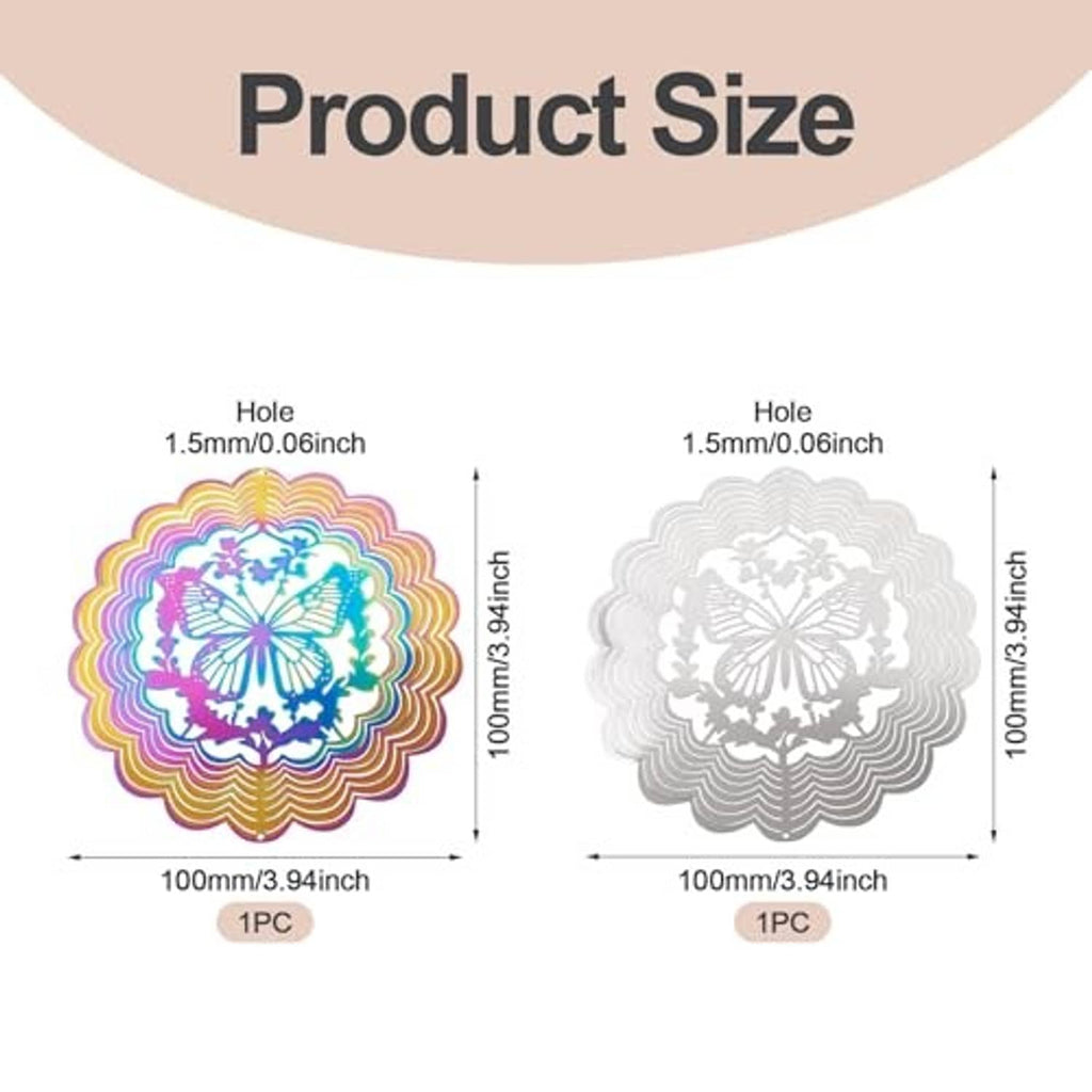 Product size diagram for butterfly stainless steel wind spinners with two disc sizes