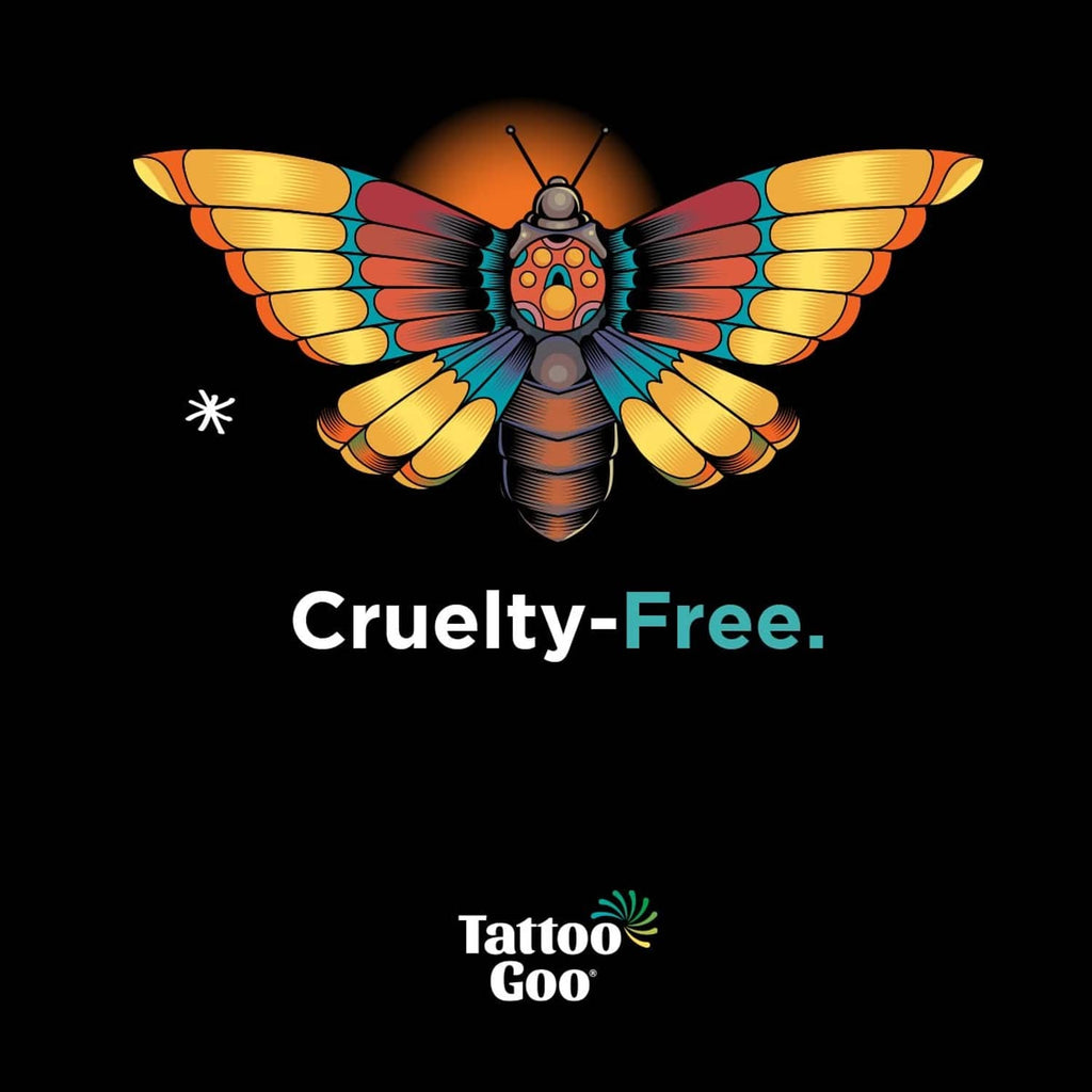 Tattoo Goo cruelty-free care label card with butterfly graphic