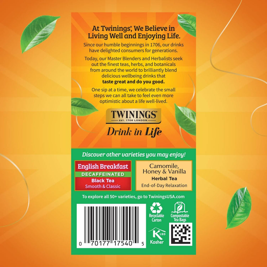Decaffeinated Irish Breakfast tea box back, varieties and directions information