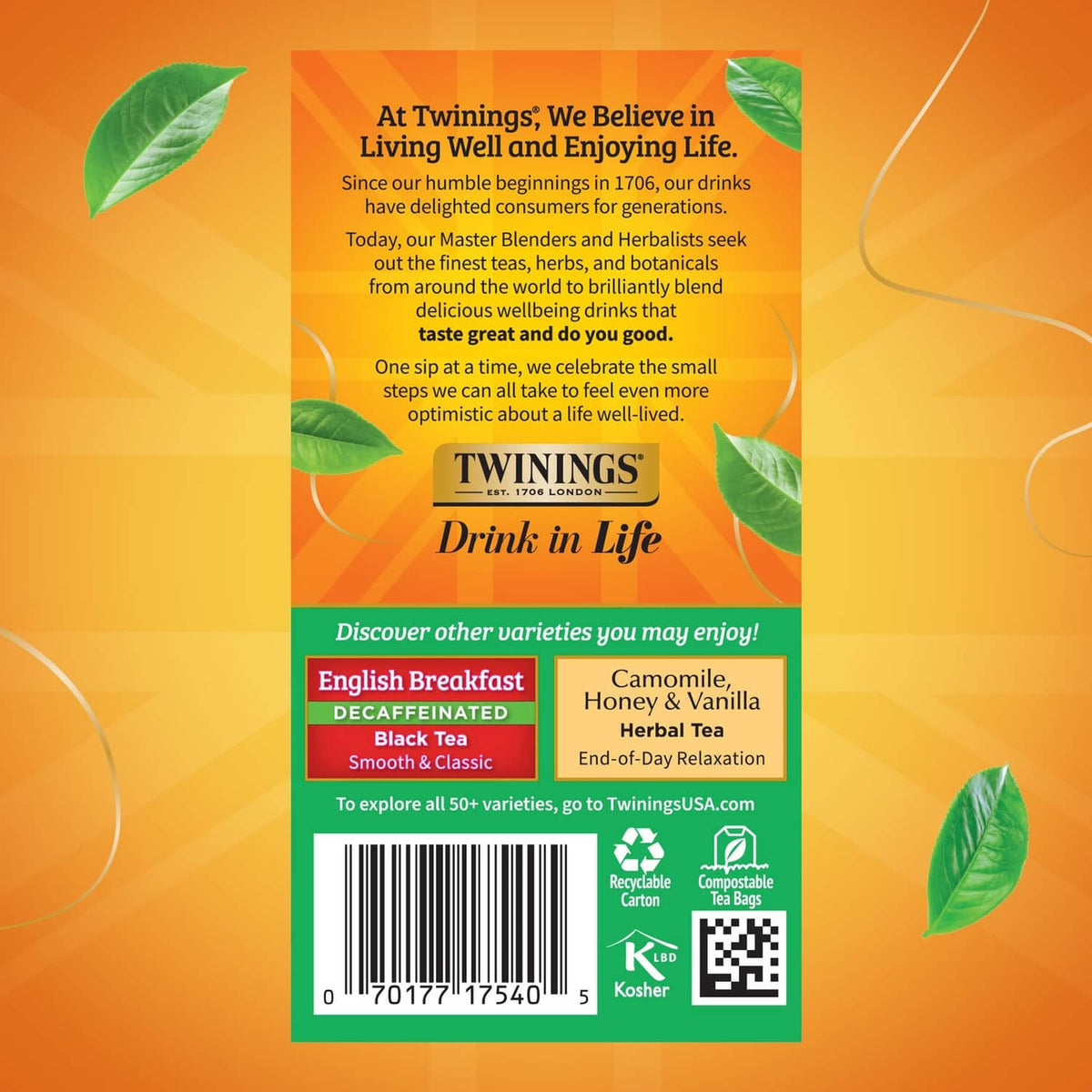 Decaffeinated Irish Breakfast tea box back, varieties and directions information