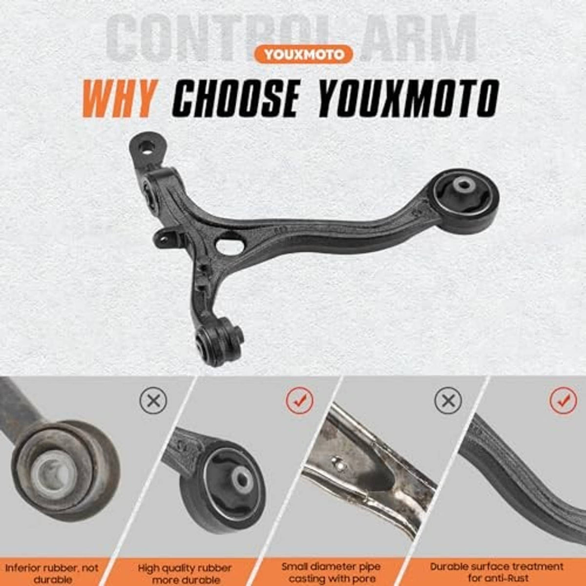 Single front lower control arm with bushing and ball joint mount