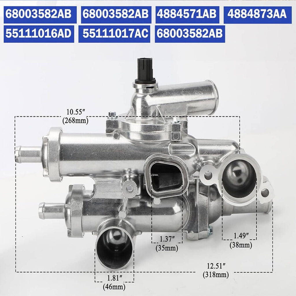 Aluminum thermostat housing assembly with measurements shown for fitting size