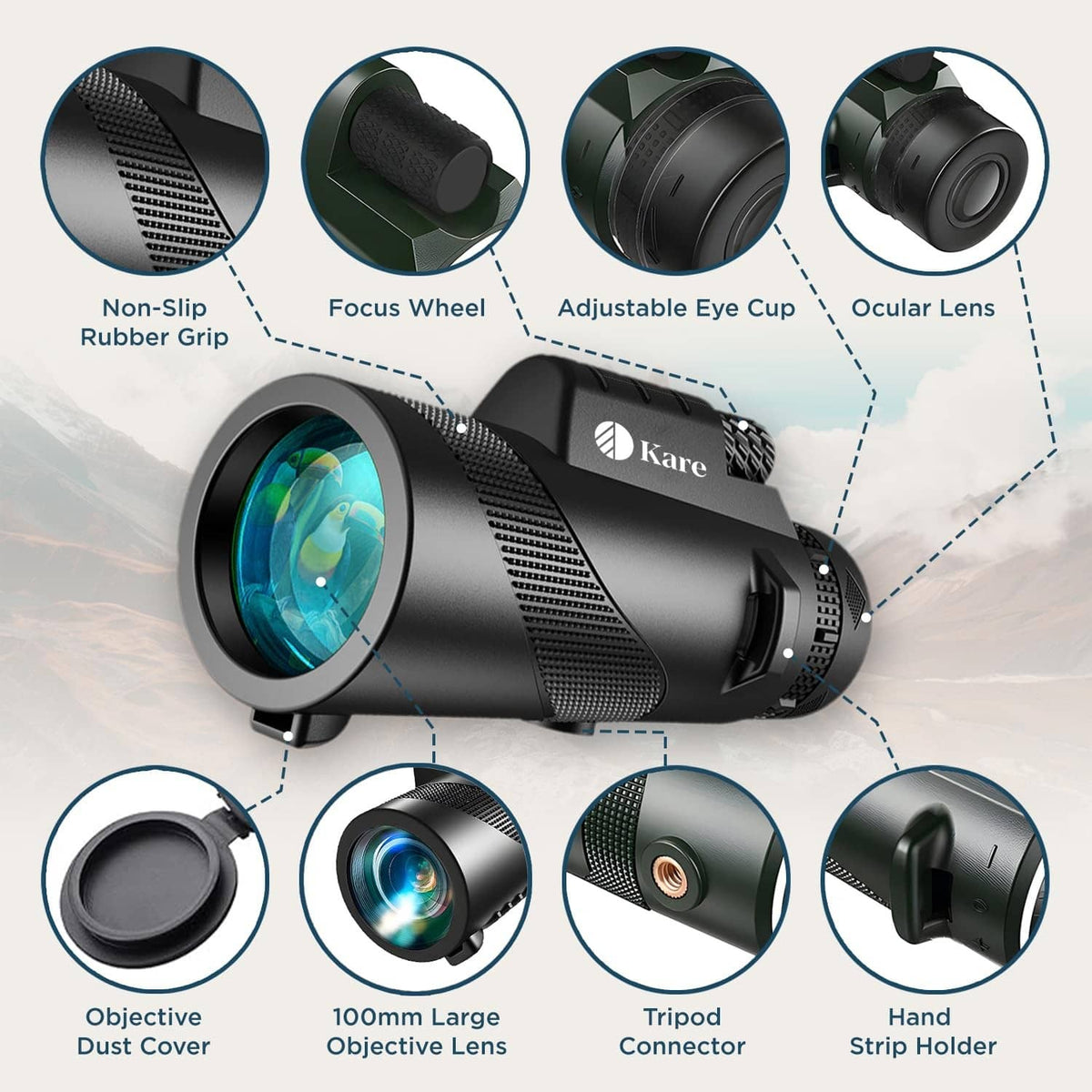 Black monocular telescope with ribbed grip, focus wheel, and adjustable eyecup