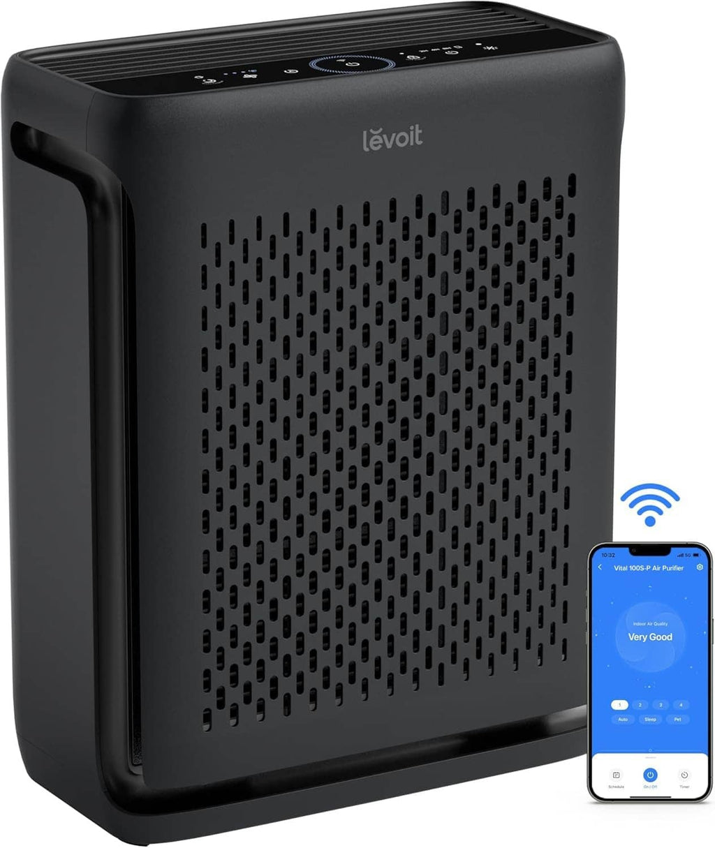 Black Levoit air purifier with perforated front panel and top control buttons.