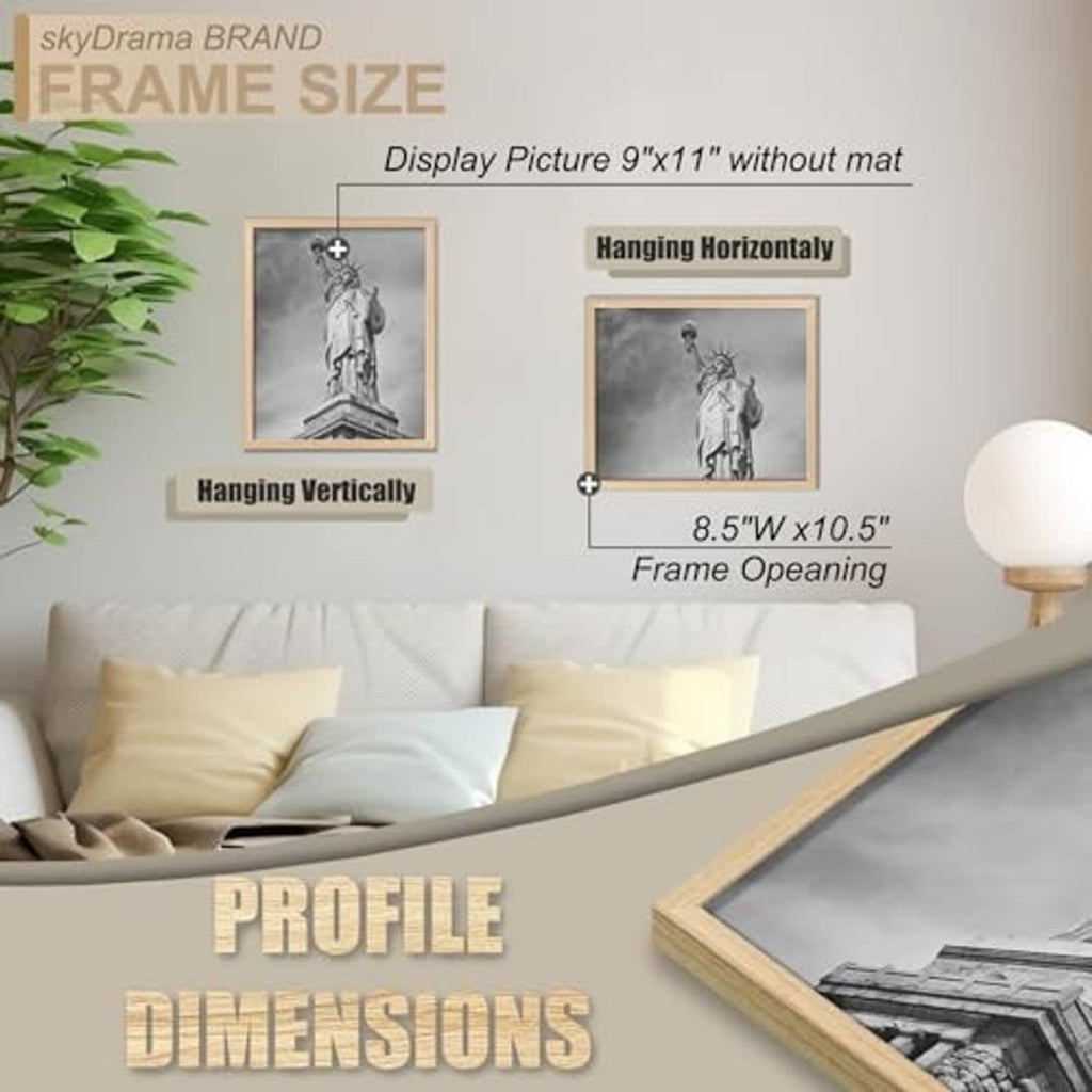 Natural wood 9x11 frame showing horizontal and vertical hanging orientation