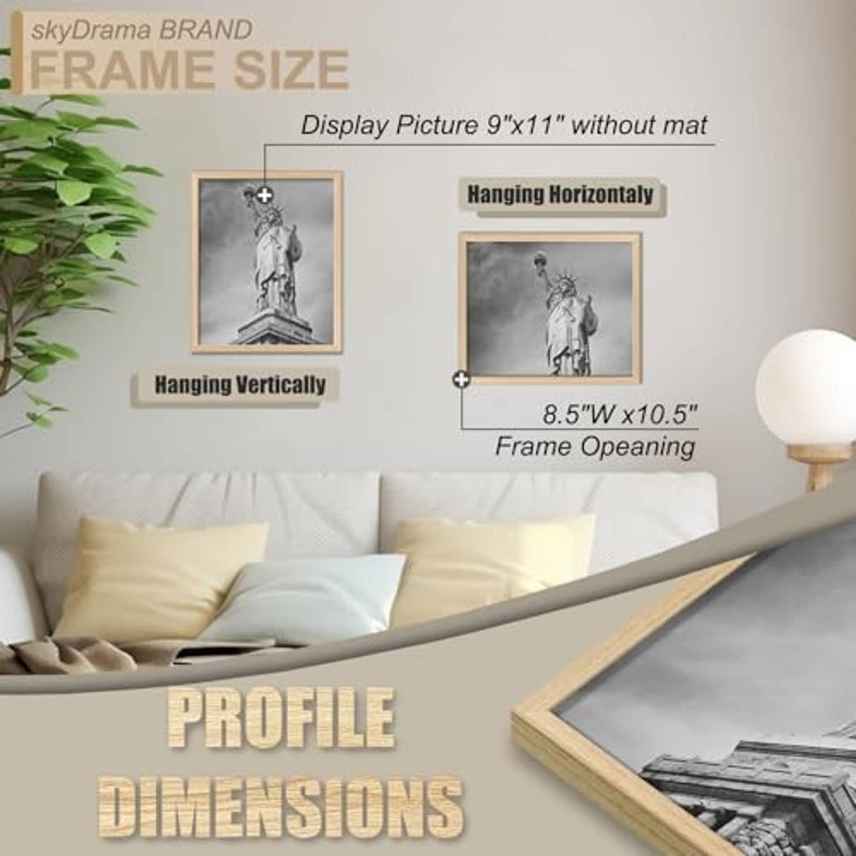 Natural wood 9x11 frame showing horizontal and vertical hanging orientation