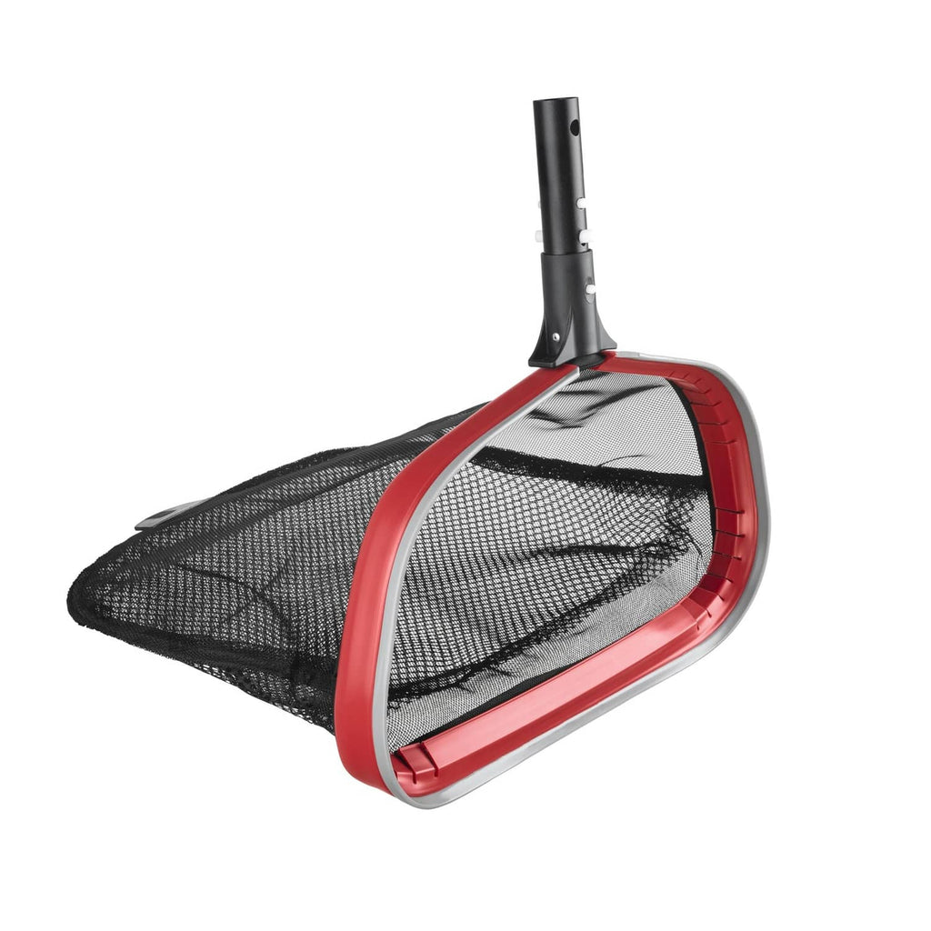 Red and black deep bag pool net rake with aluminum frame and attached mesh basket