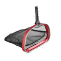 Red and black deep bag pool net rake with aluminum frame and attached mesh basket