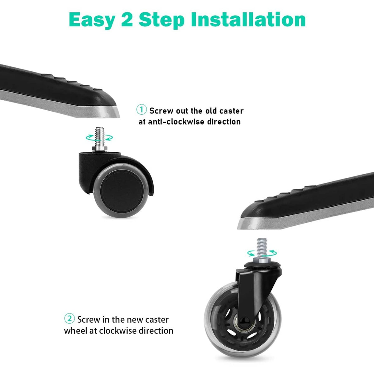 Black caster wheel installation showing threaded stem and wheel swivel